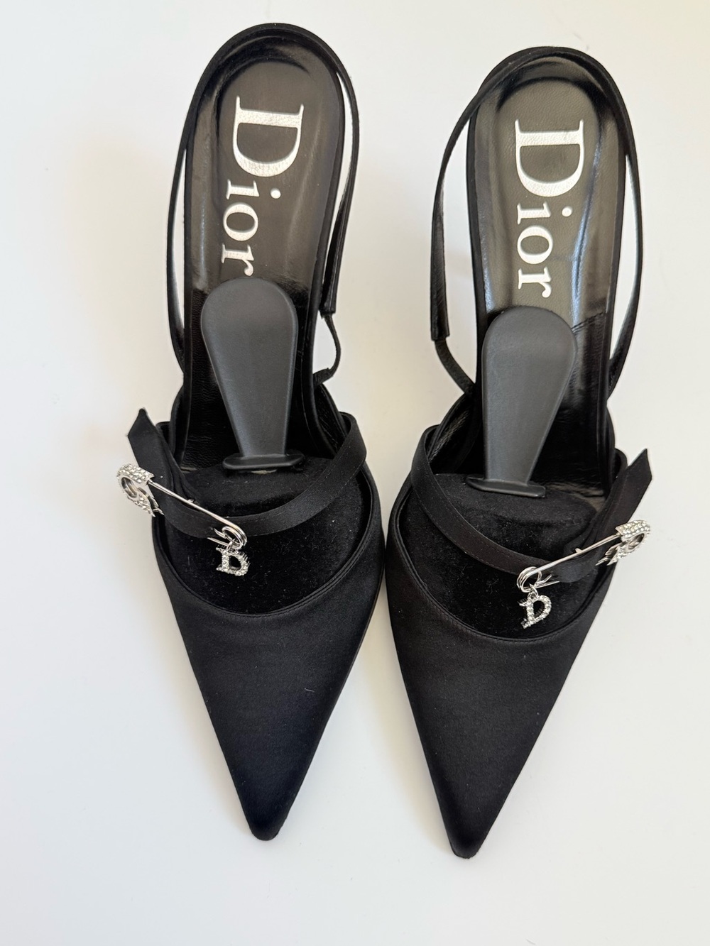 Christian Dior Black Satin Crystal Safety Pin D Charm Slingback Pumps EU 40.5